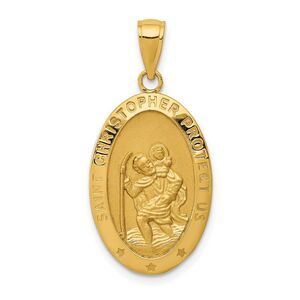 14k Yellow Gold Satin Oval St Christopher Medal Pendant, 14 x 30mm